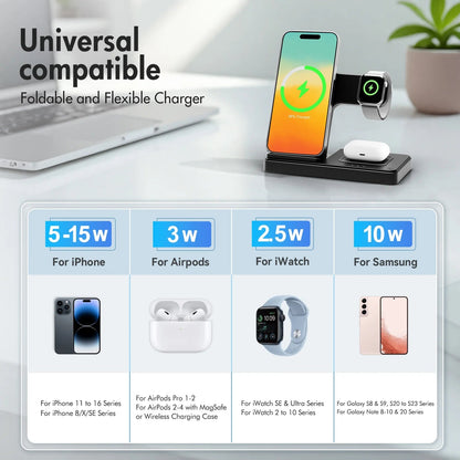 Ultimate Wireless Charging Station - Magnetic Charger for iPhone 17-11, Apple Watch Series 9-3, and AirPods Pro/2/3 - Sleek Black Design, No Adapter Needed!