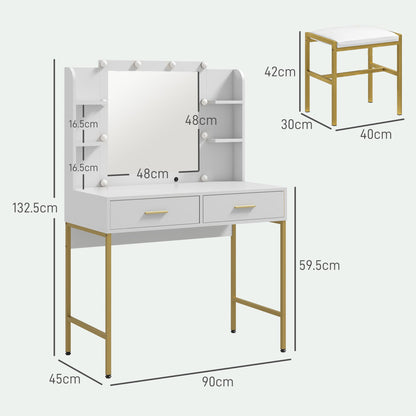 Dressing Table With Lighted Mirror, Cushioned Stool, Drawers, Shelves, LED Makeup Vanity Desk Set, Modern Dresser Vanity Table For Bedroom, White