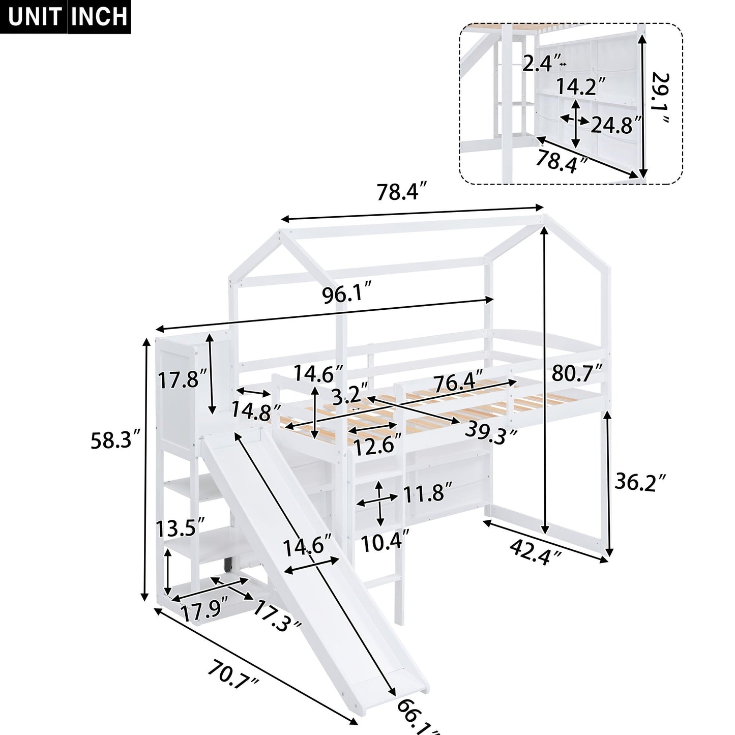 House Loft Bed With Slide, Storage Shelves And Light, Climbing Ramp