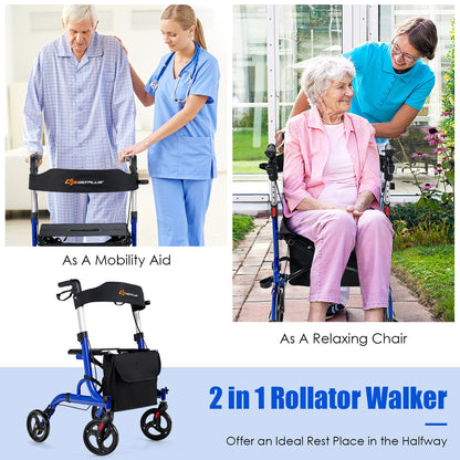 Folding Aluminum Rollator Walker with 8 inch Wheels and Seat-Blue