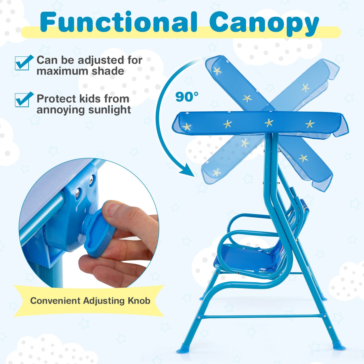 2-Seater Kids Patio Swing with Metal Stand and Adjustable Canopy-Bule