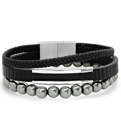 2-Piece Set: Men's Layered Black Leather, Stainless Steel and Hematite Beads Bracelet
