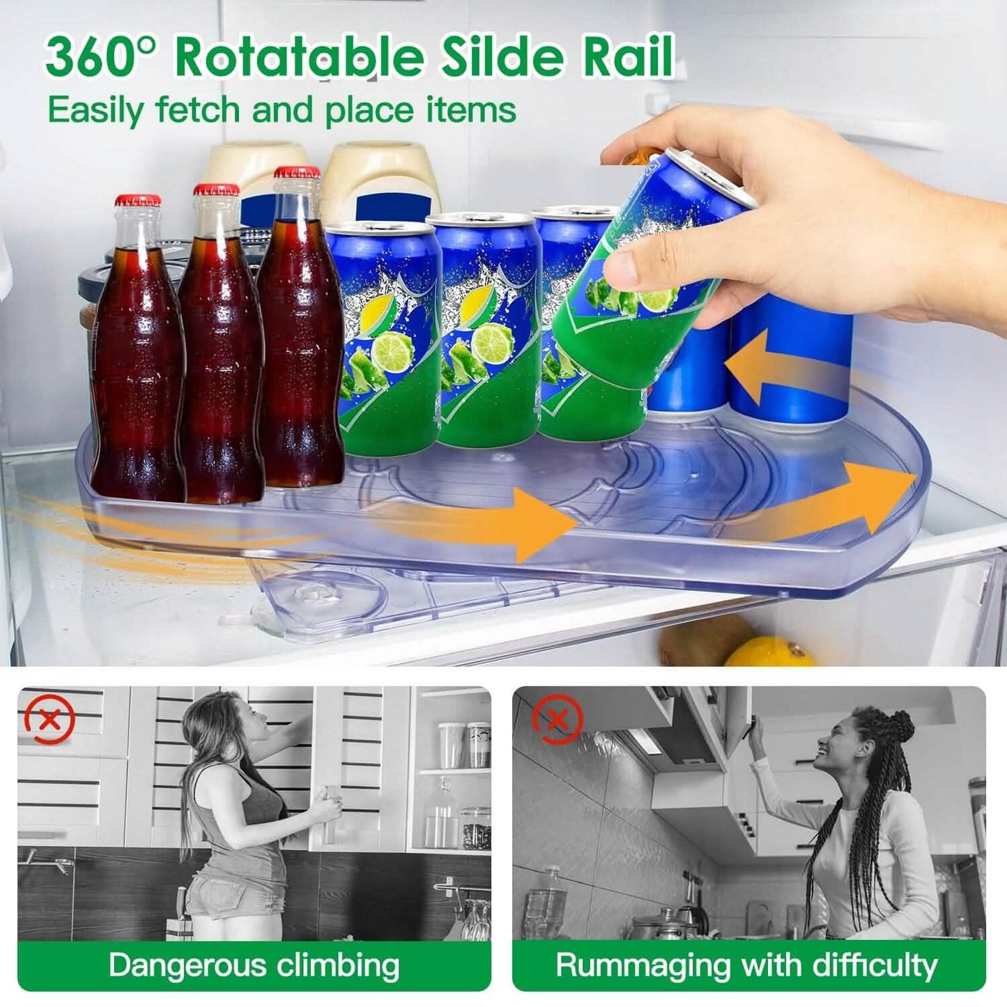 2-Tier Turntable Organizer Rectangular Refrigerator Spinner Storage Rack with 360° Rotatable Slide Rail