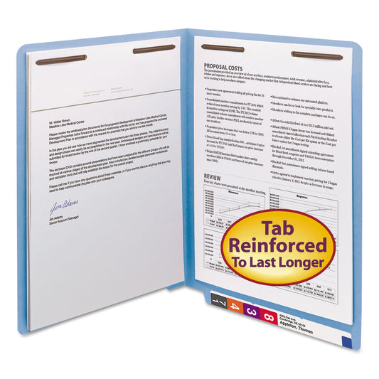 Smead Heavyweight Colored End Tab Fastener Folders, 2 Fasteners, Letter Size, Blue Exterior, 50/Box