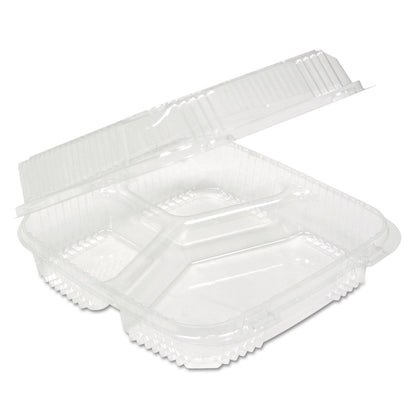 Pactiv Evergreen ClearView SmartLock Hinged Lid Container, 3-Compartment, 5 oz/14 oz, 8.2 x 8.34 x 2,91, Clear, Plastic, 200/Carton