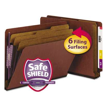 Smead End Tab Pressboard Classification Folders with SafeSHIELD Coated Fasteners, 3 Dividers, Letter Size, Red, 10/Box