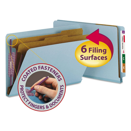 Smead End Tab Colored Pressboard Classification Folders with SafeSHIELD Coated Fasteners, 2 Dividers, Legal Size, Blue, 10/Box