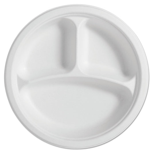 Chinet PaperPro Naturals Fiber Round Plates, 3-Compartment, 10.25" dia, Natural, 125/Pack, 4 Packs/Carton