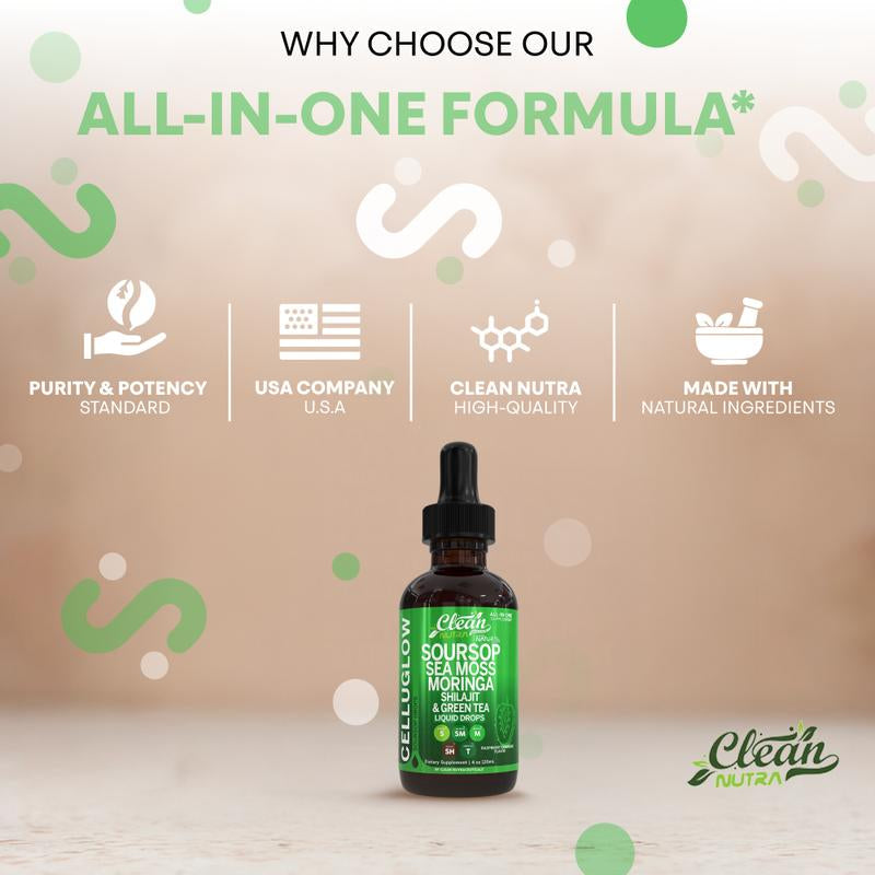 Clean Nutra Soursop, Sea Moss, Moringa, Shilajit and Green Tea for Cellular Health & Radiance Support - Celluglow
