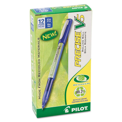 Pilot Precise V5 BeGreen Roller Ball Pen, Stick, Extra-Fine 0.5 mm, Blue Ink, Blue Barrel, Dozen