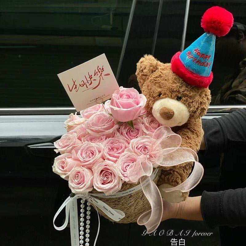 Valentine’S Day Teddy Bear with Eternal Rose Bouquet, Preserved Flower Plush Bear, Romantic Birthday Gift for Her Gift Sets
