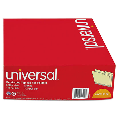 Universal Double-Ply Top Tab Manila File Folders, 1/2-Cut Tabs: Assorted, Letter Size, 0.75" Expansion, Manila, 100/Box