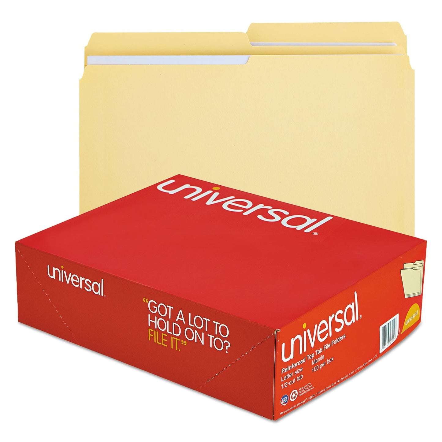 Universal Double-Ply Top Tab Manila File Folders, 1/2-Cut Tabs: Assorted, Letter Size, 0.75" Expansion, Manila, 100/Box