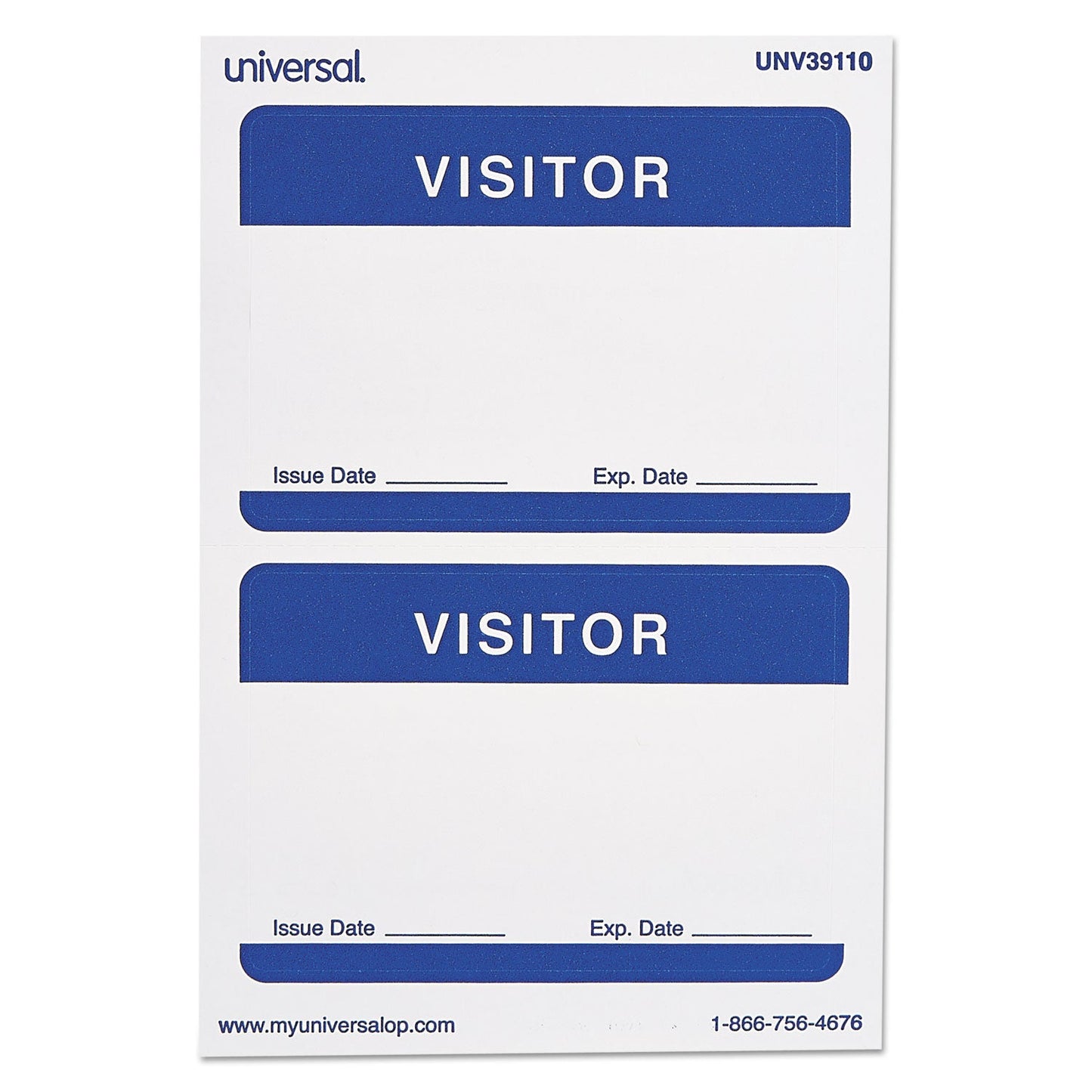 Universal "Visitor" Self-Adhesive Name Badges, 3 1/2 x 2 1/4, White/Blue, 100/Pack