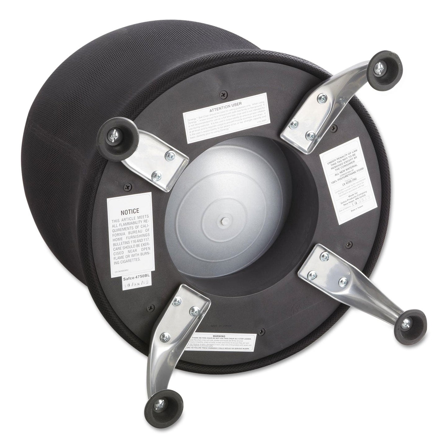 Safco Zenergy Ball Chair, Backless, Supports Up to 250 lb, Black Vinyl Seat, Silver Base
