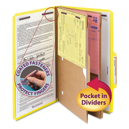 Smead 6-Section Pressboard Top Tab Pocket-Style Classification Folders with SafeSHIELD Fasteners, 2 Dividers, Legal, Yellow, 10/Box