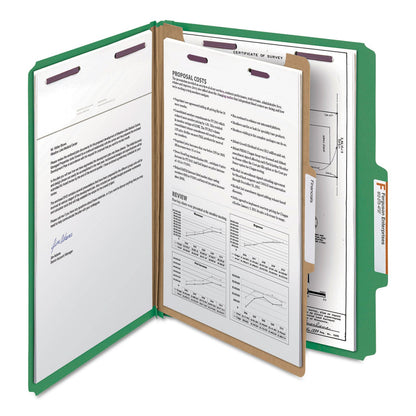 Smead Four-Section Pressboard Top Tab Classification Folders with SafeSHIELD Fasteners, 1 Divider, Letter Size, Green, 10/Box