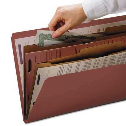 Smead 6-Section Pressboard Top Tab Pocket-Style Classification Folders with SafeSHIELD Fasteners, 2 Dividers, Legal, Red, 10/Box