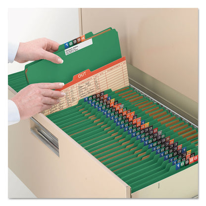 Smead Eight-Section Pressboard Top Tab Classification Folders with SafeSHIELD Fasteners, 3 Dividers, Legal Size, Green, 10/Box