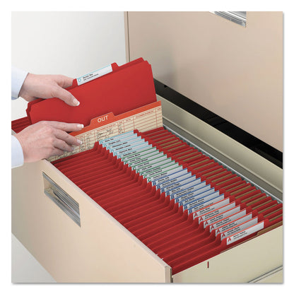 Smead Eight-Section Pressboard Top Tab Classification Folders with SafeSHIELD Fasteners, 3 Dividers, Letter Size, Bright Red, 10/BX