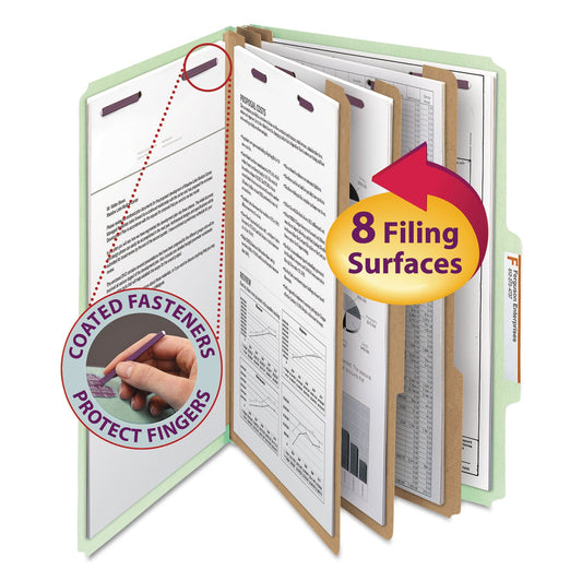 Smead Pressboard Classification Folders with SafeSHIELD Coated Fasteners, 2/5 Cut, 3 Dividers, Legal Size, Gray-Green, 10/Box