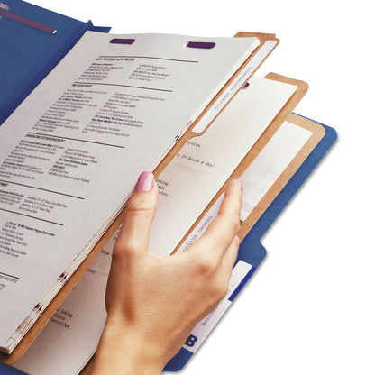 Smead Eight-Section Pressboard Top Tab Classification Folders with SafeSHIELD Fasteners, 3 Dividers, Legal Size, Dark Blue, 10/Box