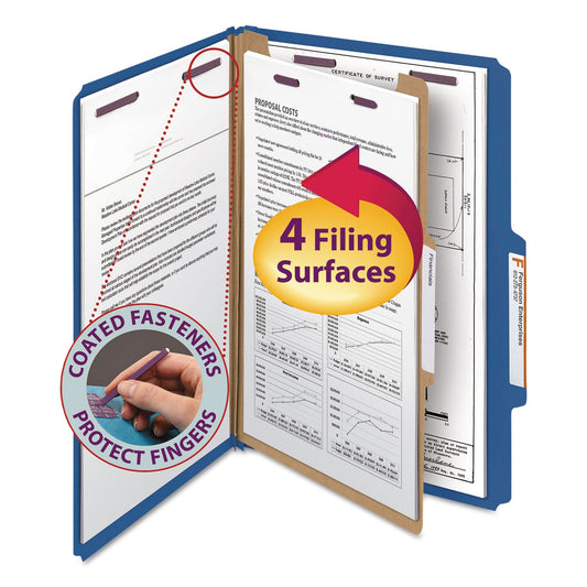 Smead Four-Section Pressboard Top Tab Classification Folders with SafeSHIELD Fasteners, 1 Divider, Legal Size, Dark Blue, 10/Box