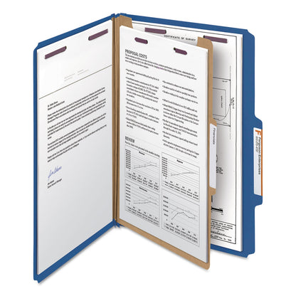 Smead Four-Section Pressboard Top Tab Classification Folders with SafeSHIELD Fasteners, 1 Divider, Legal Size, Dark Blue, 10/Box