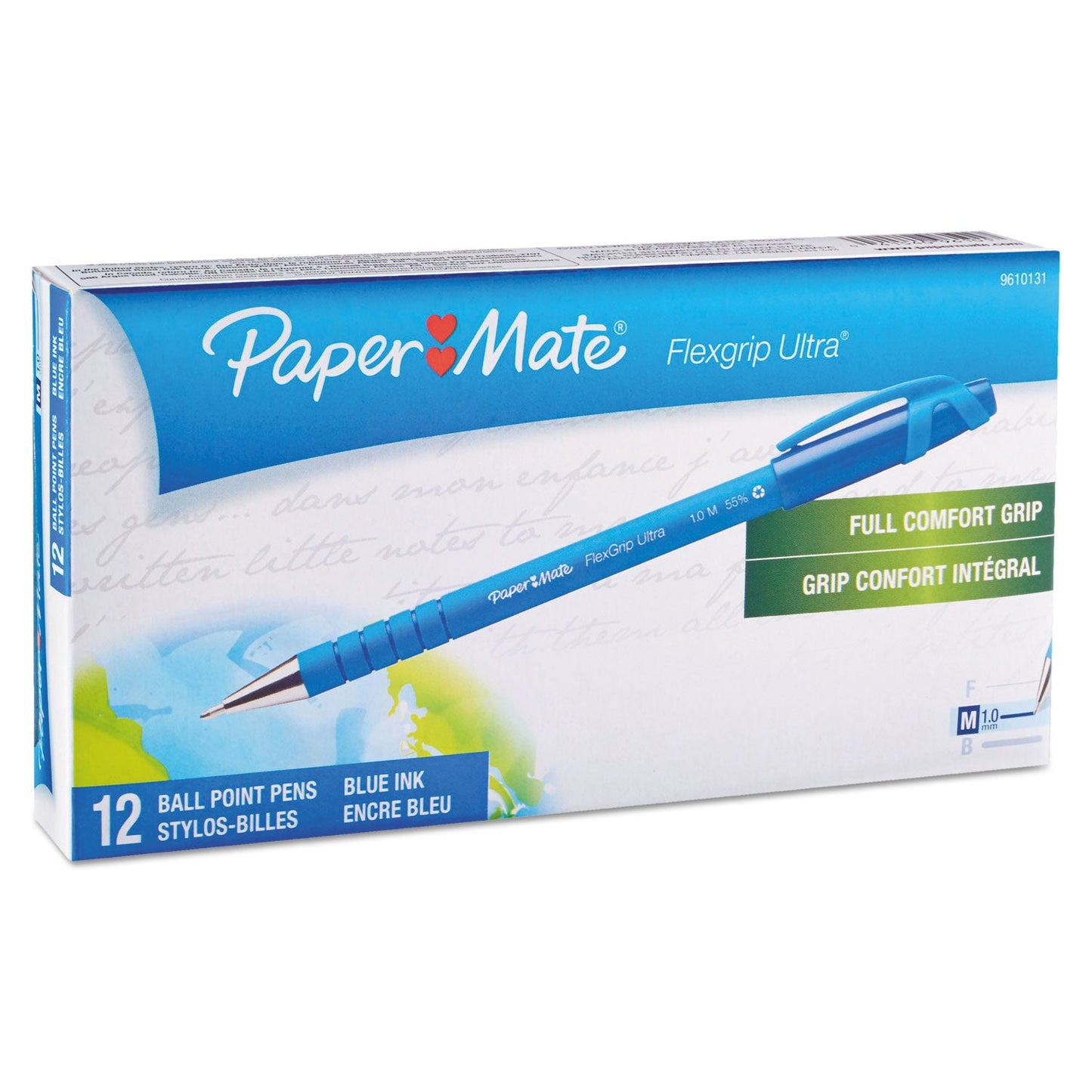 Paper Mate FlexGrip Ultra Ballpoint Pen, Stick, Medium 1 mm, Blue Ink, Blue Barrel, Dozen