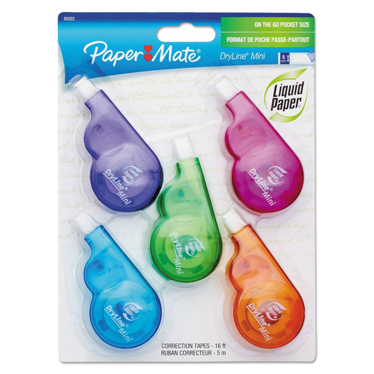Paper Mate DryLine Mini Correction Tape, 0.2" x 197", Non-Refillable, Assorted Color Applicators, 5/Pack