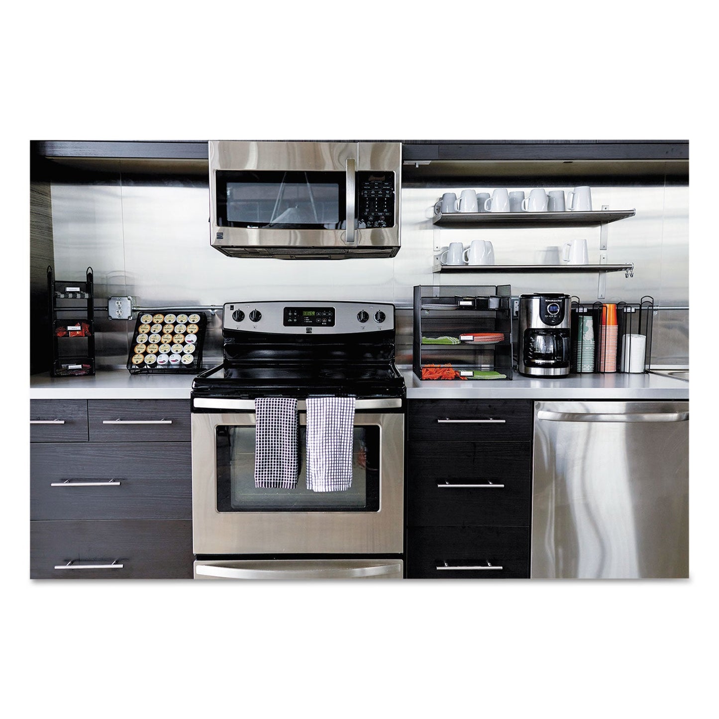 Safco Onyx Breakroom Organizers, 3 Compartments,14.63 x 11.75 x 15, Steel Mesh, Black