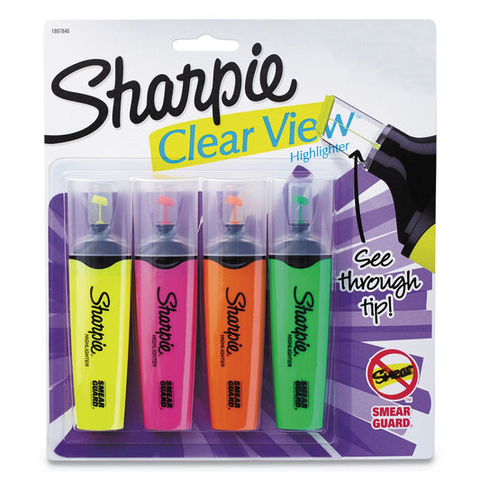 Sharpie Clearview Tank-Style Highlighter, Assorted Ink Colors, Chisel Tip, Assorted Barrel Colors, 4/Set