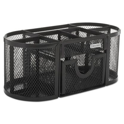 Rolodex Mesh Oval Pencil Cup Organizer, 4 Compartments, Steel, 9.38 x 4.5 x 4, Black