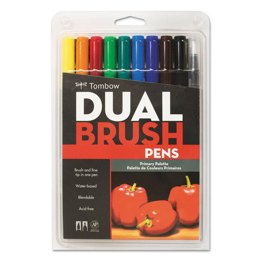 Tombow Dual Brush Pen 10-Color Set, Fine/Broad Brush/Conical Tips, Assorted Primary Colors, 10/Pack