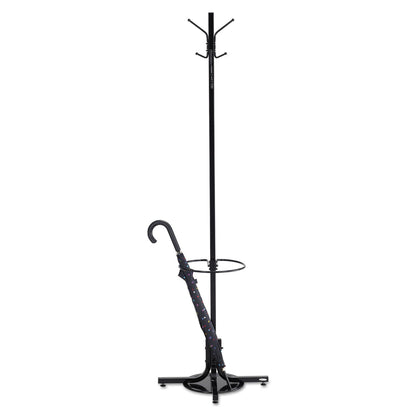 Safco Metal Costumer with Umbrella Holder, Four Ball-Tipped Double-Hooks, 21w x 21d x 70h, Black