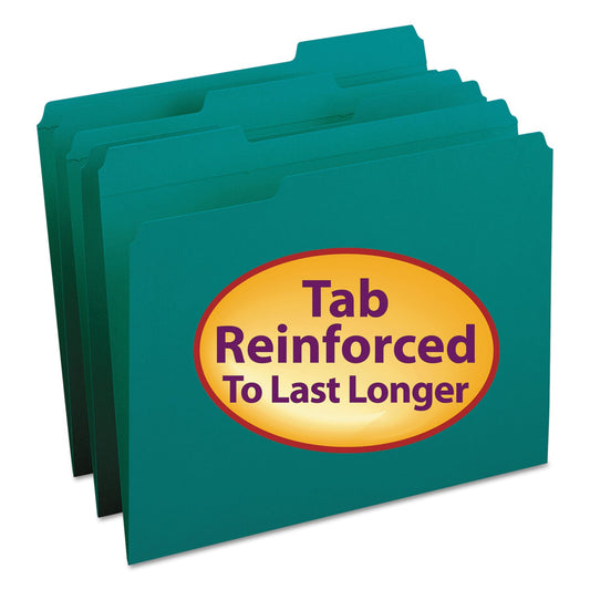 Smead Reinforced Top Tab Colored File Folders, 1/3-Cut Tabs: Assorted, Letter Size, 0.75" Expansion, Teal, 100/Box