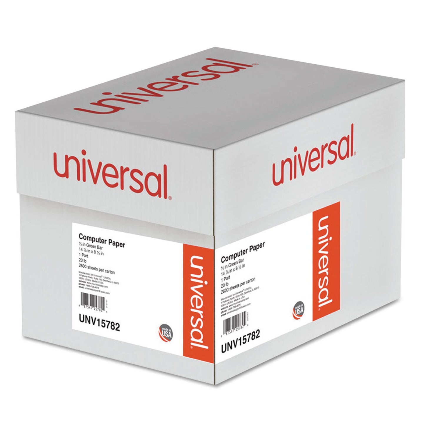 Universal Printout Paper, 1-Part, 20 lb Bond Weight, 14.88 x 8.5, White/Green Bar, 2,600/Carton