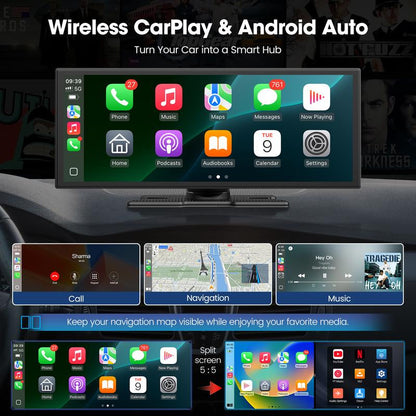 【Jumpstartsale】Lamtto 10.25-Inch Wireless Carplay Screen — Supports Tiktok, Netflix, and Youtube Apps, Split-Screen App Usage, Backup Camera Support, Navigation, and Voice Assistant. Compatible with Ios 10+ and Android 11+