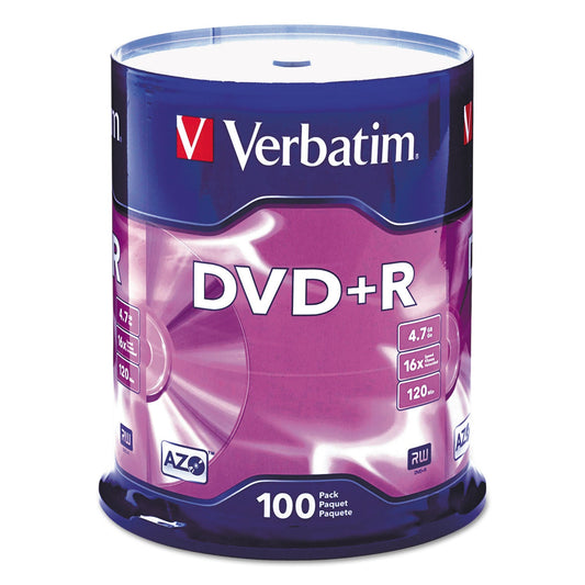 Verbatim DVD+R Recordable Disc, 4.7 GB, 16x, Spindle, Silver, 100/Pack