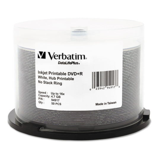 Verbatim DVD+R Recordable Disc, 4.7 GB, 16x, Spindle, Hub Printable, White, 50/Pack