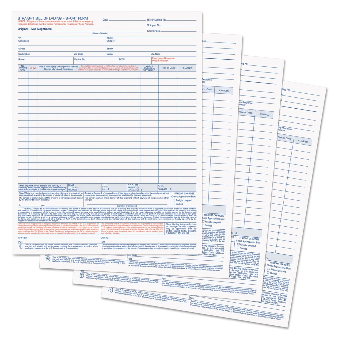 TOPS Bill of Lading,16-Line, Four-Part Carbonless, 8.5 x 11, 1/Page, 50 Forms
