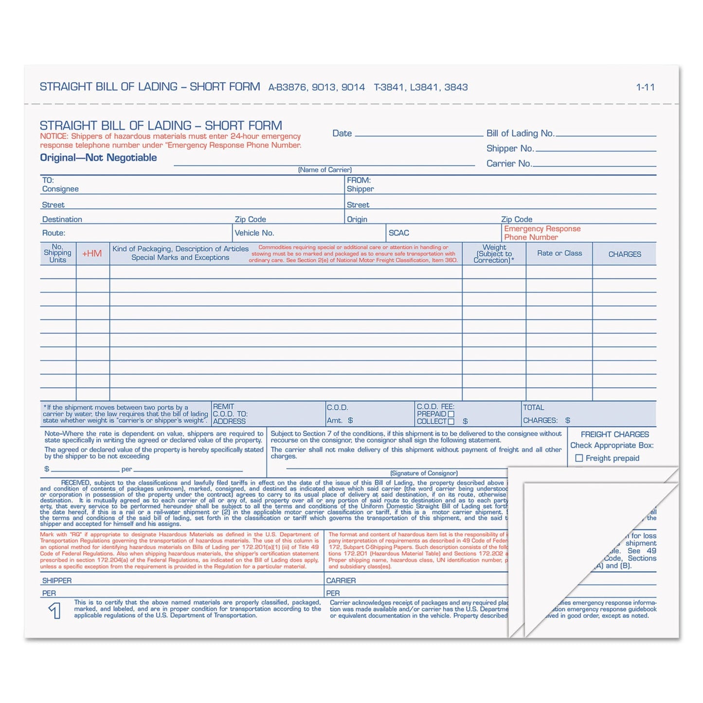 TOPS Hazardous Material Short Form, Three-Part Carbonless, 7 x 8.5, 1/Page, 50 Forms