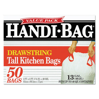 Handi-Bag Drawstring Kitchen Bags, 13 gal, 0.6 mil, 24" x 27.4", White, 50/Box, 6 Boxes/Carton