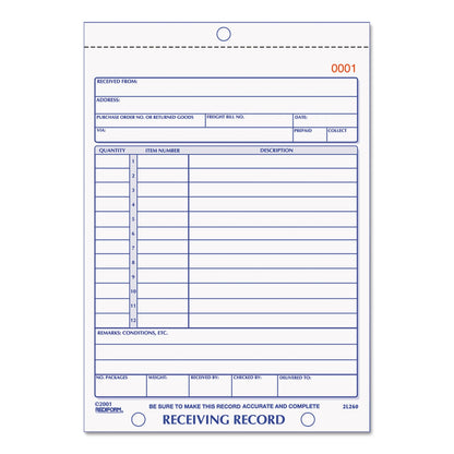Rediform Receiving Record Book, Three-Part Carbonless, 5.56 x 7.94, 1/Page, 50 Forms