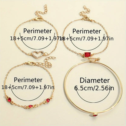 4pcs Rhinestone Alloy Bracelet Set – Minimalist Heart & Square Design