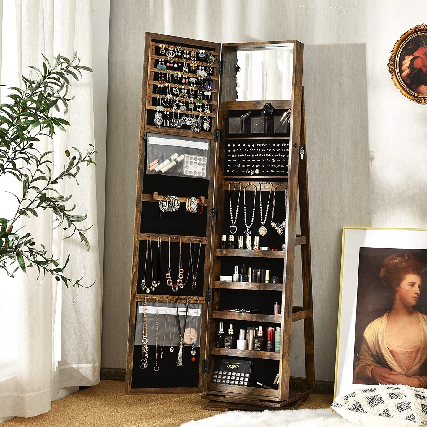 Elegant 360° Swivel Jewelry Armoire with Full-Length Mirror - Lockable Cabinet Organizer with Ample Storage, Makeup Mirror & Back Shelves (Rustic Brown)