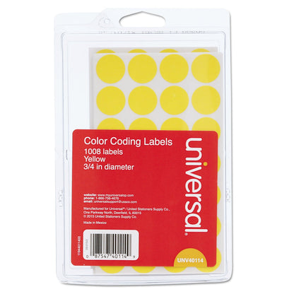 Universal Self-Adhesive Removable Color-Coding Labels, 0.75" dia, Yellow, 28/Sheet, 36 Sheets/Pack
