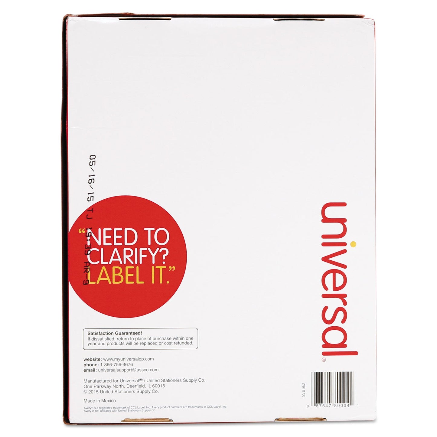 Universal White Labels, Inkjet/Laser Printers, 2 x 4, White, 10/Sheet, 250 Sheets/Box