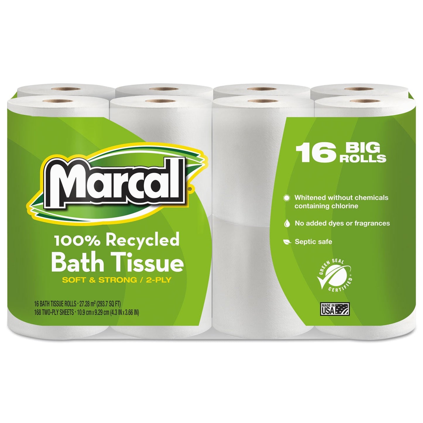 Marcal 100% Recycled 2-Ply Bath Tissue, Septic Safe, White, 168 Sheets/Roll, 96 Rolls/Carton