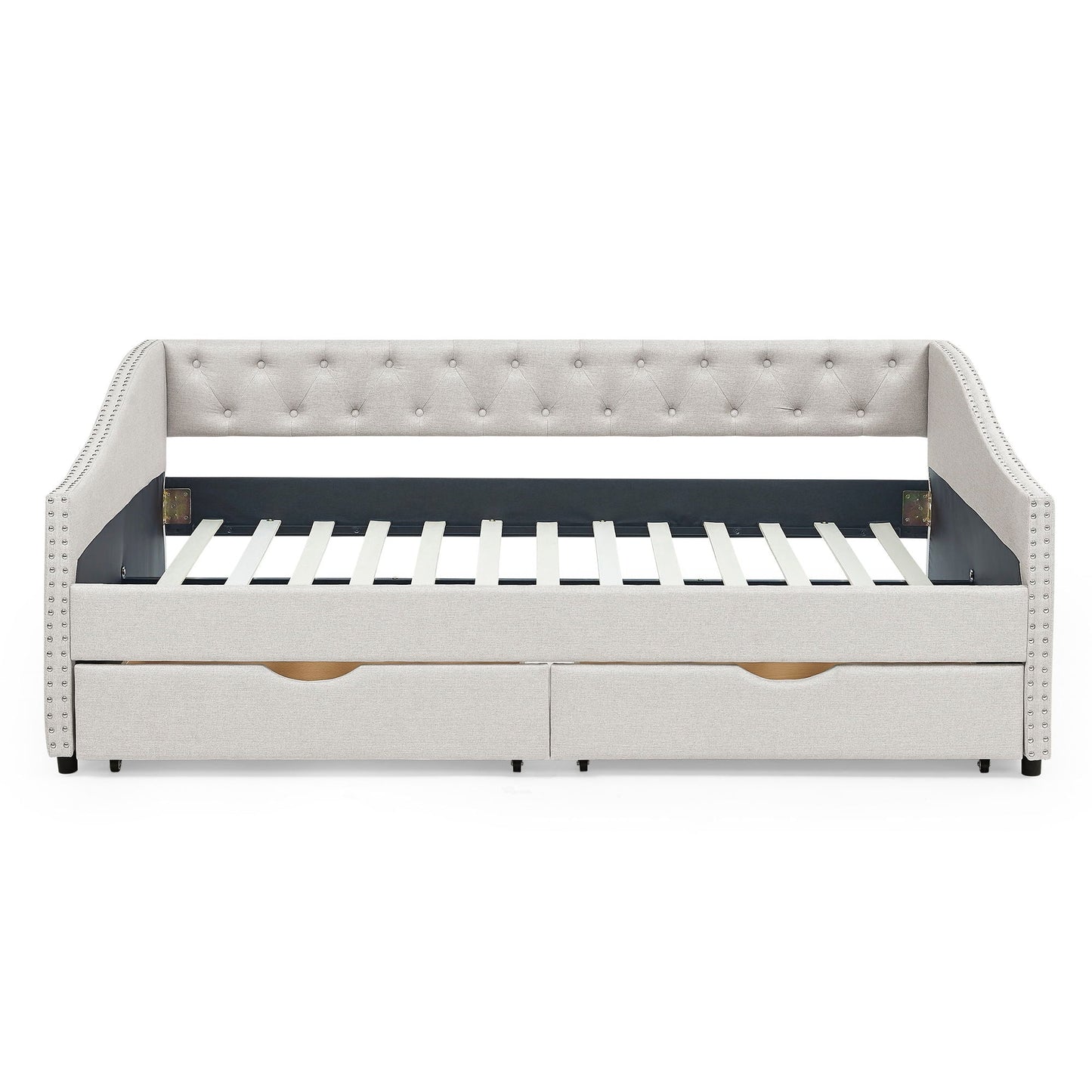 Upholstered Tufted Daybed With Drawers, Waved Arms